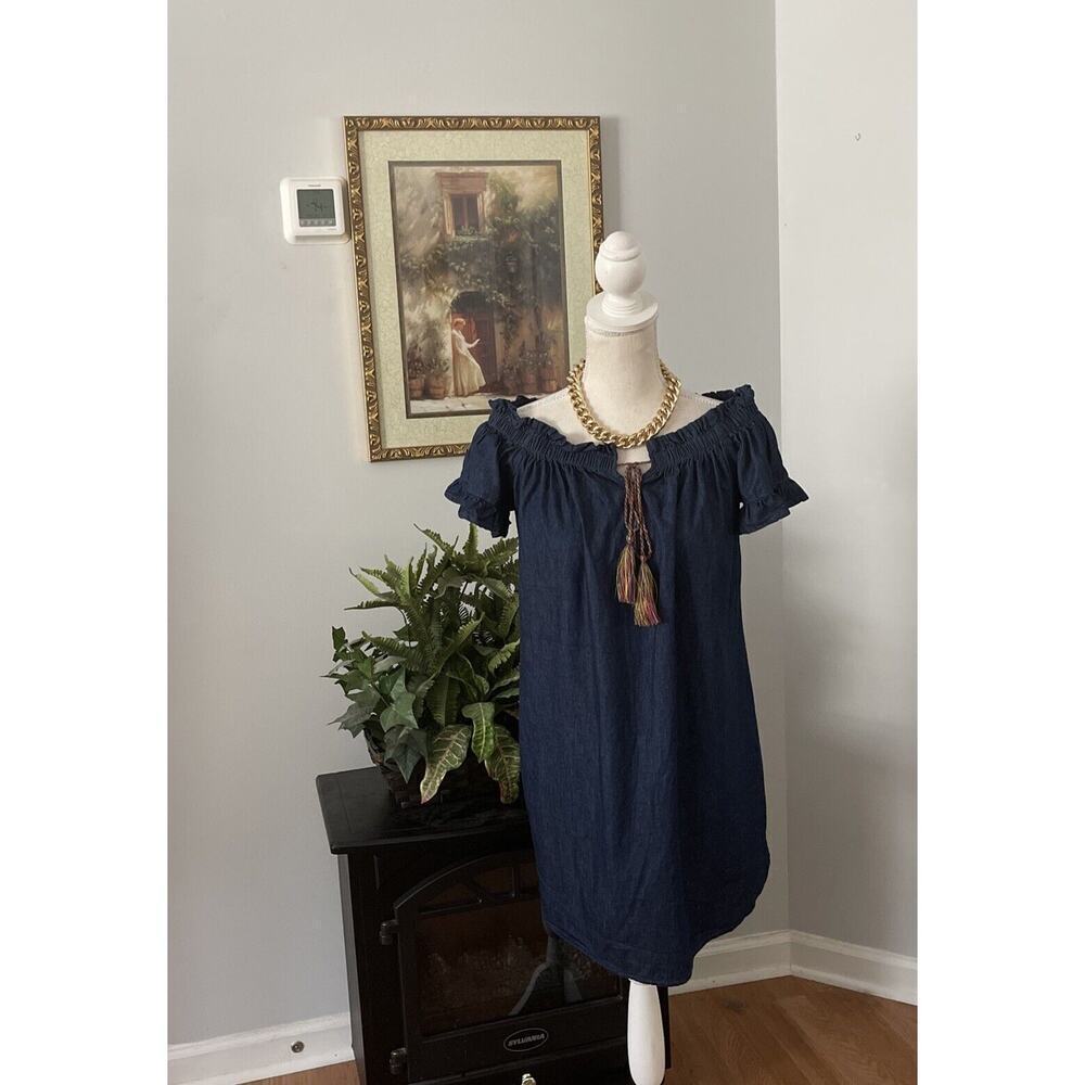 W Wrapper Women’s Tassels Tie Off Shoulder Mini Dress Blue M Denim Short Sleeve